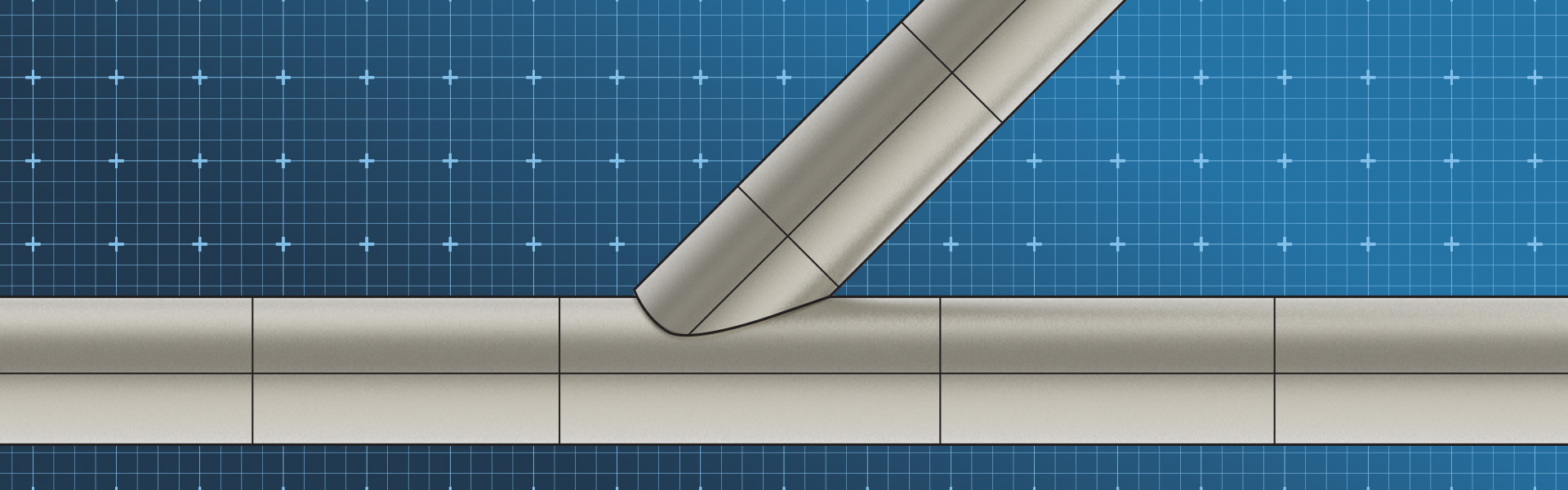 A diagram of two pipes coped together forming a saddle joint at 45 degrees.